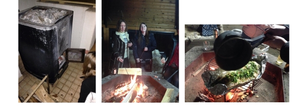 Heating the sauna; Relaxing in the fire hut with a Masters student; Sini and preparing salmon on the stove.